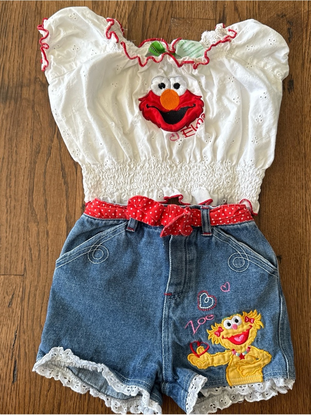 Rare vintage Elmo & Zoe White Top, Denim Shorts